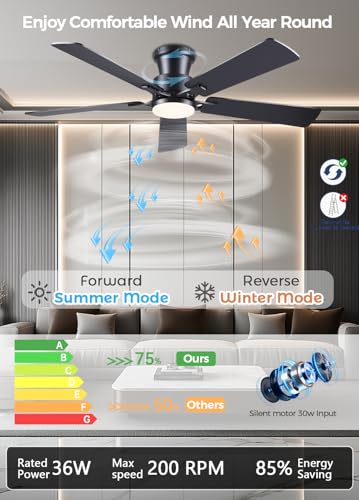 Image of JSAITEE 52 inch Ceiling Fans with Lights Flush Mount Low Profile, Black | Ceiling Fans with Lights Flush Mount Ceiling Fan,Low Profile,Reversible Motor,3CCT Dimmable,Noiseless, 6 Speeds, Black Modern