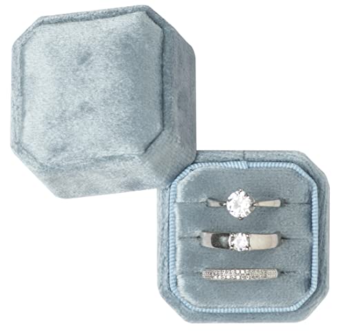 Giftop Cut-Edge Octagon Velvet Ring Box Storage 3 Slots for Wedding Ceremony Proposal Engagement Birthday (Light Ocean Blue)