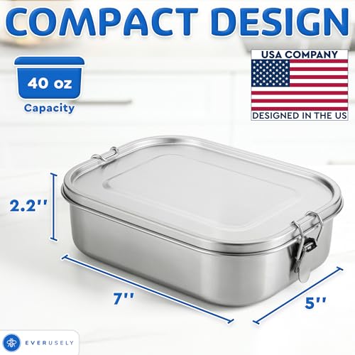 Stainless Steel Metal Lunch Box - 40 oz / 1.2 L, 2 Adjustable Dividers by Everusely - Used condition - Image 2