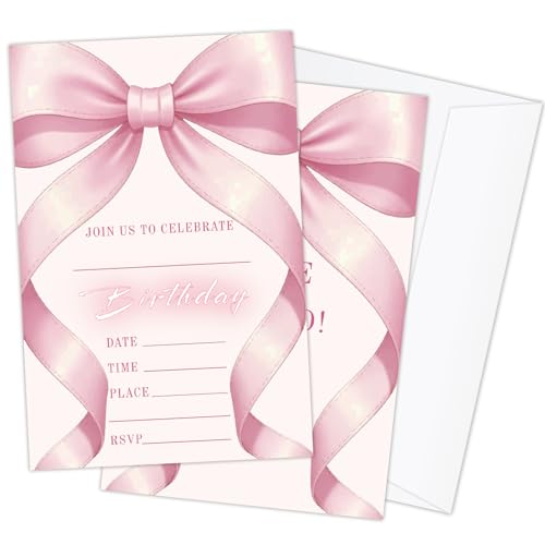 HQLOW 20 Pack Pink Bow Birthday Party Invitations with Envelopes for Girls Teens Adults, Birthday Celebration Party Invites Invitation Cards -12