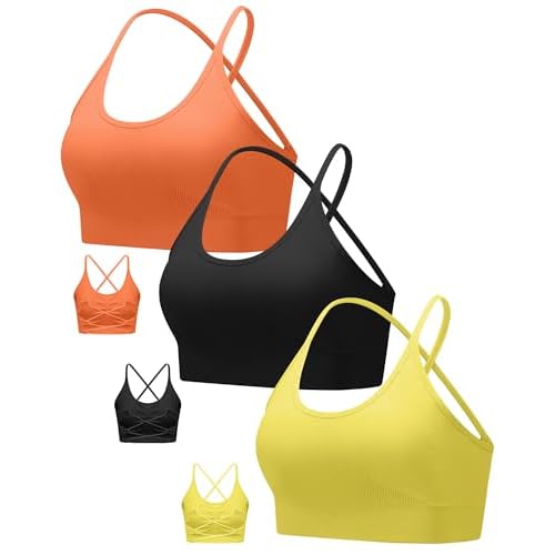 RUNNING GIRL Sports Bras for Women,Sexy Crisscross Back Seamless Padded Sports Bra Medium Support with Removable Pads Medium A-black+yellow+orange
