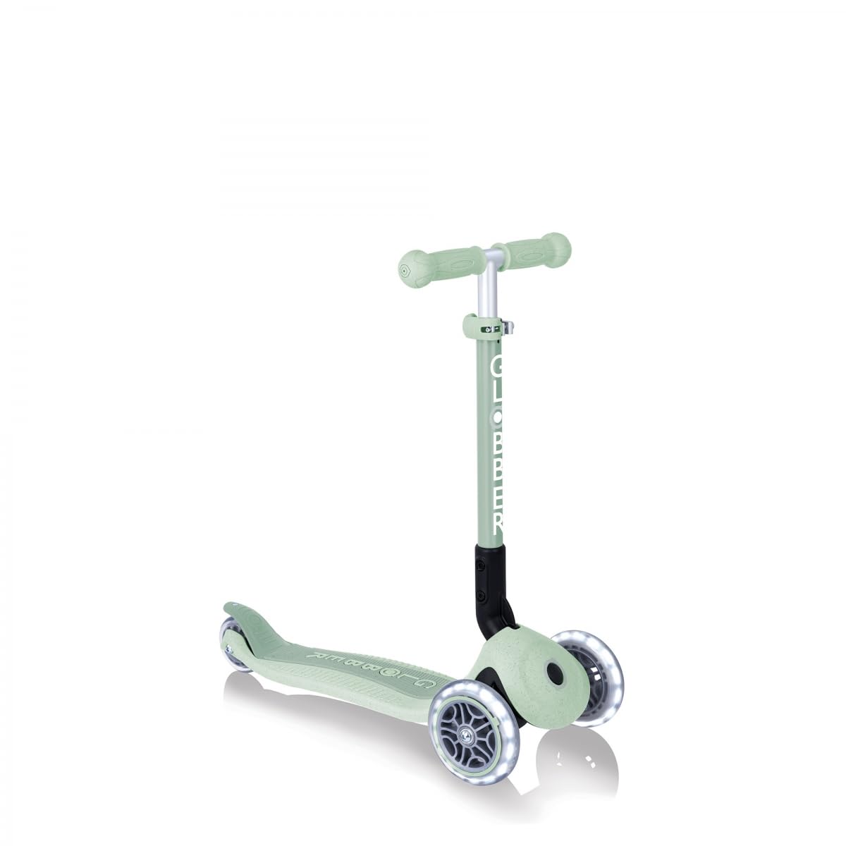 Globber Junior Foldable ECOlogic - Kids 3 Wheel Scooter For Ages 2+ - Folding With Adjustable Handles - LED Wheels - 2 Year Warranty (Pistchio)