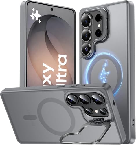Image of DIZORO Compatible with Samsung Galaxy S26 Ultra Case Compatible with Wireless Charging, with Camera Stand, Military Grade Drop Tested,Translucent Hard Back Soft Edge Back Cover (Titanium)