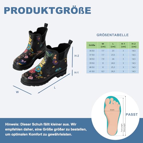 GUGUMIMI Kurz Gummistiefel Damen – Wasserdichte, Rutschfeste Gummistiefel für Regen, Schnee & Matsch, Bequeme Regenschuhe für Damen, Schwarze Blumen, 37 EU
