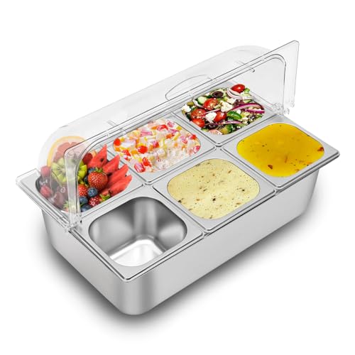 Countertop Food Display Container Ice Food Serving Tray 6 Pans Buffet Condiment Dispenser - Salad Dressing Appetizer Spice Fruit Cold Serving Station