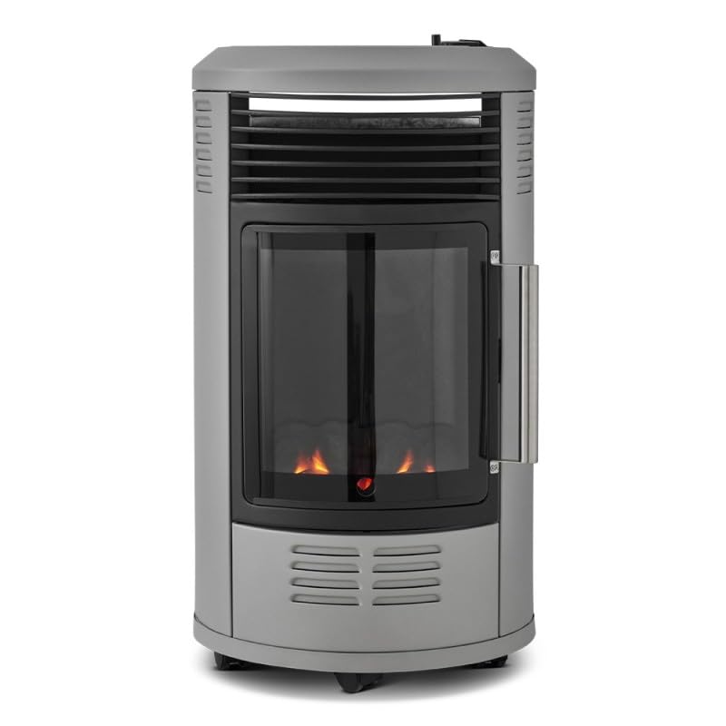 FAVEX - Chauffage d'appoint à gaz Volga Gris Mât - Prêt à l'emploi livré avec tuyau et détendeur - Infrableu effet feu de cheminée - 6 puissances de chauffe Thermostat - Jusqu'à 40 m²