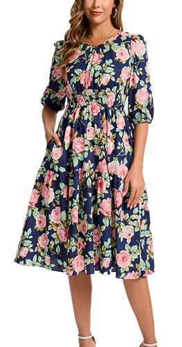 Image of Kormei Women Casual Boho Floral Round Neck 3 /4 Sleeve Smocked Waist Tiered A Line Flowy Swing Midi Dress Long Dresses