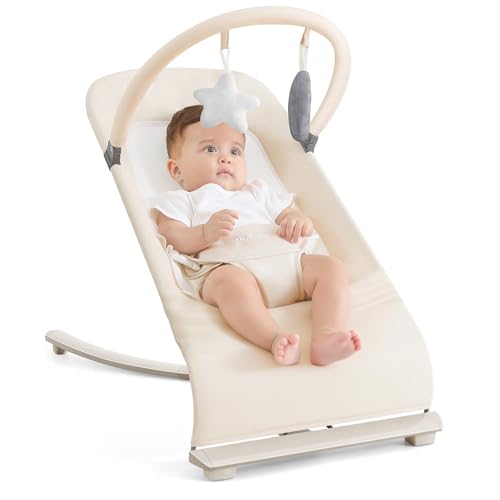 3-in-1 Portable Baby Bouncer & Rocker Chair for Newborn to Toddler – 4 Adjustable Recline Positions, Breathable Cotton Fabric, Natural Vibration, Supports Up to 33 lbs (Oatmeal Khaki)