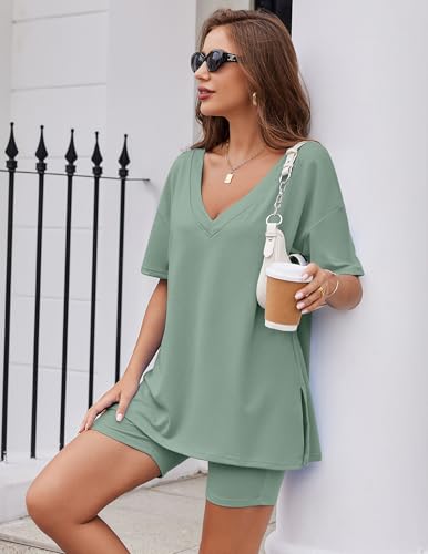 Image of Ekouaer Womens Pajamas 2 Piece Lounge Sets Oversized V Neck T-Shirts Tops Biker Shorts Set Workout Reversible Tracksuit S-XXL