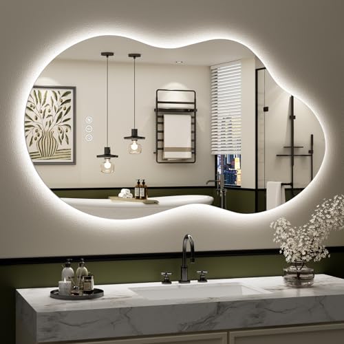Image of 40x24 Inch Asymmetrical LED Bathroom Mirror with Lights, Backlit, Anti-Fog, Irregular Cloud Lighted Bathroom Vanity Mirror for Wall, Dimmable, 3 Colors, Memory, HD Tempered Glass