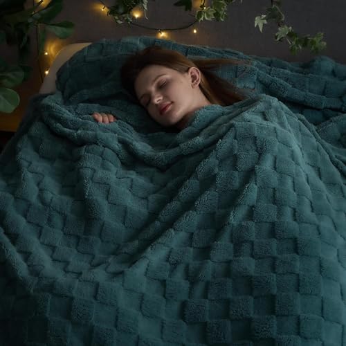 NEWCOSPLAY Super Soft Queen Blanket Light Teal Premium Silky Flannel Fleece 3D Checkered Lightweight Bed Blanket All Season Use (Light Teal Checkered, Queen(90"x90"))