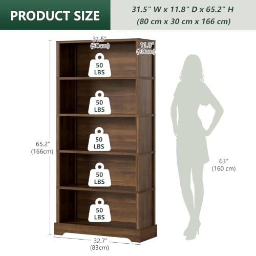 Image of TVU 5 Tiers Wooden Bookshelf, 65.2 inch Tall Farmhouse Style Open Bookcase, 31.5 inch Wide Standing Book Shelf with Storage for Study Room, Living Room, Walnut Brown