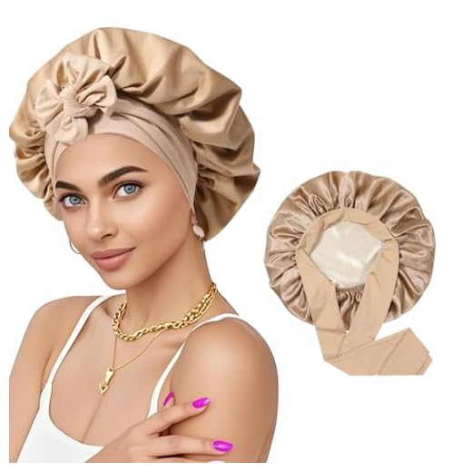 Touca de cetim para mulheres dormindo touca de seda para dormir com camada dupla capilar com faixa elástica cabelo cacheado cáqui + bege