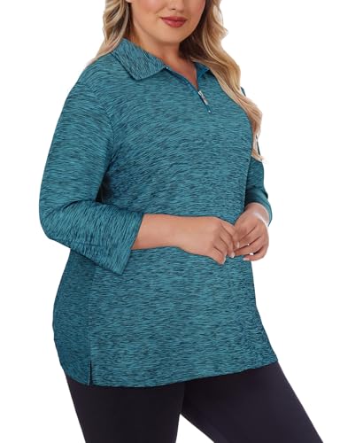 Viracy Plus Size Womens Golf Polo Shirts 3/4 Sleeve Zip Up Quick Dry Workout Tops3