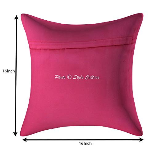 Image of Decorative Brocade Cushion Covers 16x16 Inch Banarasi Jacquard Weave Magenta & Gold Living Room Decor Elephant Traditional Square 40x40 cm Zippered Sofa Settee Pillowcases -Set of 2 Pcs