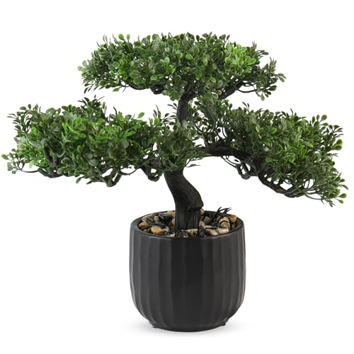 GOVIRAYE 28 cm Bonsai Baum Künstlich, Japanische Ulme mit Steinen im Schwarzen Keramiktopf, Pflegelechte Tischdekoration für Büro, Wohnzimmer & Homeoffice