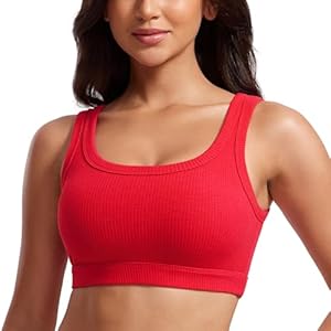 CRZ YOGA Ribbed Sports Bras for Women – U Back Wireless Medium Impact Sports Bra Padded Yoga Workout Bra