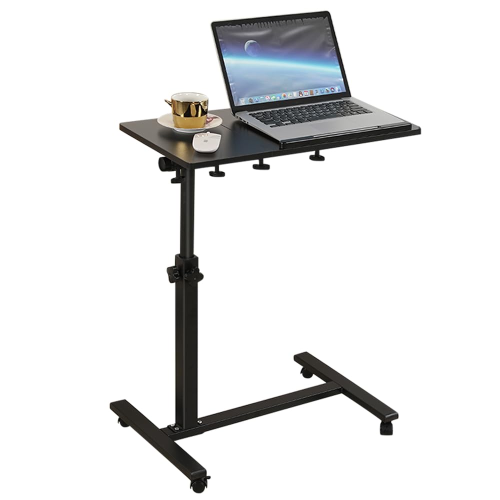 WODFARR Mobilna stacja robocza 60 x 34,5 cm z 4 kółkami, stojak na laptopa na kółkach, stojący biurko z regulacją wysokości, stolik pomocniczy do salonu, sypialni (czarny)