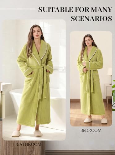 Image of Women Long Plush Fleece Bath Robe | Soft loungewear housecoat, comfy sleepwear for home, suitable as ladies pajamas and nightgown