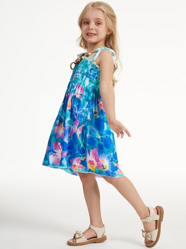 Hawaiian Dresses for Girls Smocked Beach Sundress Floral Summer Dress with Necklace4