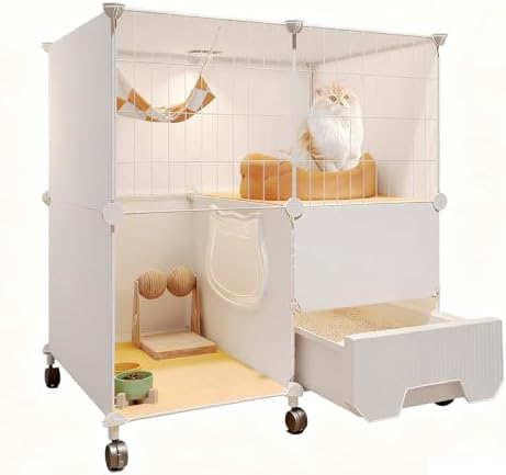 Spacious Indoor Cat Playpen with Litter Box, Metal & PP Panels, Easy Clean, Mobile Design with Wheels, Ideal for Cats, Rabbits & Small Pets (70x35x110cm)