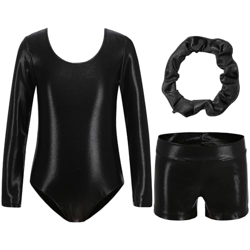 Valcatch Gymnastics Leotards for Girls Long Sleeve Kids Teens Dance Tumbling Outfit Matching Shorts Set Age 5-14 Years