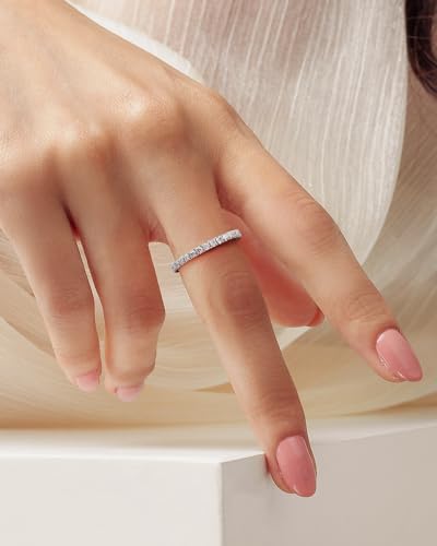 Moissanite Wedding Band, 2mm Full Eternity Ring Stacking, S925 Sterling Silver, 18K White Gold Plating, Round Brilliant Cut, Ring Size 6-83