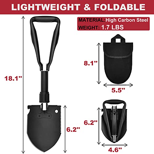 Yeacool Folding Shovel, 18.1'' Camping Shovel W/Pick, Entrenching Tool Military, Survival Foldable Spade, High Carbon Steel, With Carry Bag, For Digging, Metal Detecting, Backpacking And Car Emergency #TOP1