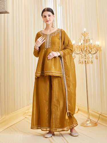 Image of MOKOSH Women's Silk Embroidery Peplum Kurta Sharara with Dupatta | Anarkali Kurta Set | Sweetheart Neck Full Sleeve Ethnic Suit | 3 Piece Outfit | Indian Kurta Outfit With Sharara