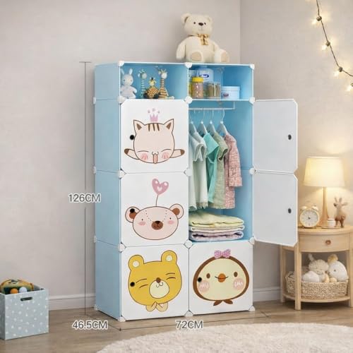 Image of Kids Plastic Modular Wardrobe Storage Cabinet | DIY Clothes Organizer Closet for Children | Multi-Compartment Foldable Storage Cupboard with Hanging Space | Pink Cartoon Design