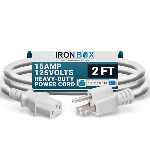 Image of IronBox Electric - Heavy-Duty 5-15P to C13 Power Cord - 3 Prong 15A 125V 14 /3 SJT PC Cable - Cord for Computer, Monitor, Subwoofer, Amplifier - Cable for Power Supply - (White 2 Foot)