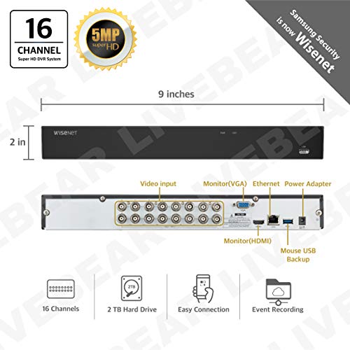 Wisenet SDH-C85105-16 16 Channel Super HD DVR Video Security System with 2TB Hard Drive and 16 5MP Weather Resistant Bullet Cameras (SDC-89445BF) - Thumbnail 5