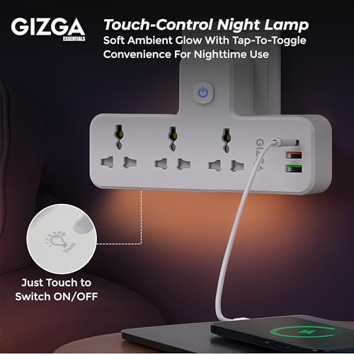 Image of Gizga essentials Power Extension Board: 3 Universal Sockets, 2 USB Ports & 1 Type-C, Surge Protector, Touch-Control Night Lamp, Child Safety, Flame-Retardant Housing, 10A Output, 250V