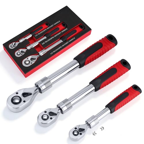 AutoViteX 3-Piece Extendable Ratchet Wrench Set 1/4 3/8 1/2 Drive 72-Tooth Quick-Release Reversible Socket Wrench Chrome-Plated & Polished Heavy-Duty Mechanics Tool Set with Storage Tray
