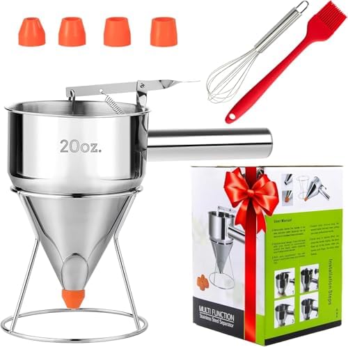 20oz Stainless Steel Pancake Batter Dispenser with Stand, Funnel Cake & Cupcake Batter Dispenser, Multi-Caliber Nozzles for Waffles, Crepes & Icing – Includes 4 Nozzles, Whisk & Brush image 3