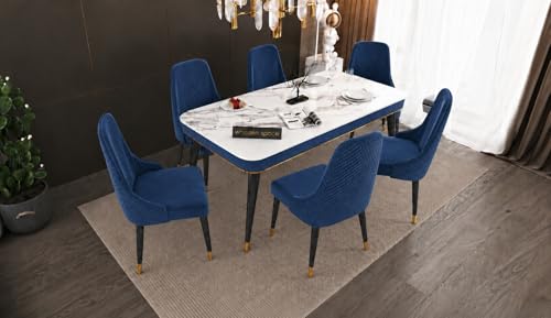 Image of WOODEN SPACE 6-Seater Wooden Dining Table Set | Nano Composite Marble Top | Solid Wood Base | Modern Dining Room Furniture with 6 Chairs (Navy Blue Modern Vento)