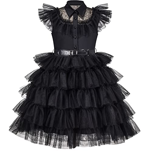 トップス Treat Girl's tulle frill jersey (Black) Amazon.com: Girls Dress Black Lace Cake Multilayered Leather Belt