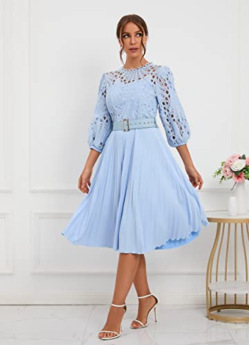 IWFEV Lace Pleated Dress Puff Sleeve Mid-Calf Short Sleeve Midi Dress Hollow Party Evening Dress2