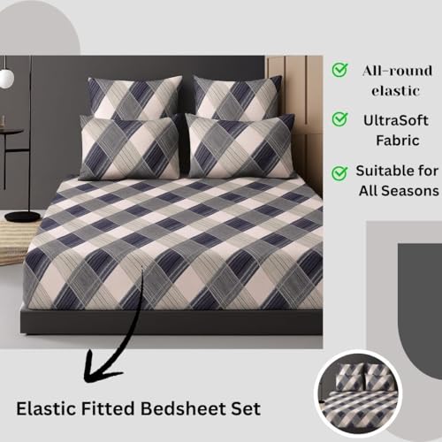 Image of 400TC Cotton Feel Elastic Fitted Bedsheet King Size 78 x 72 Inches || Includes 1 Elastic Bedsheet for King Size Bed & 2 Pillow Covers Set (Cubic Fusion)