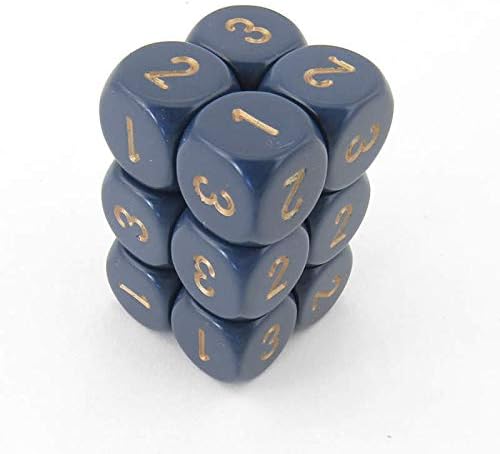 Dusty Blue Opaque Dice with Gold Numbers D3 (d6 1-3 Twice) 16mm (5/8in) Pack of 12 Wondertrail