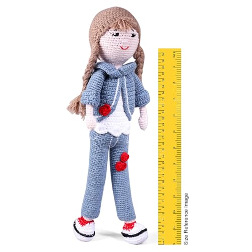 Image of Bonfino Premium Handmade Miss Helen Crochet Doll for Girls & Boys, Cute Knitted Cotton Doll for Babies, Baby Doll for Kids, Soft Toys, 6+ Months, Birthday Gift, Height 35 cm, Blue&White, BIS Certified