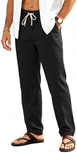 FizzPop Leinenhose Herren Lang Leichte Sommerhose Loose Fit Freizeithose mit Taschen Gummizug Kordelzug für Urlaub Strand Yoga