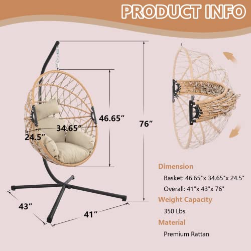 Carpetnal Hanging Egg Chair With Stand, Egg Swing Hammock Chair With Stand, Wicker Rattan Egg Chair Indoor Outdoor With Headrest And Cushion For Bedroom Patio Garden Backyard, 350Lbs Capacity (Beige) #TOP6