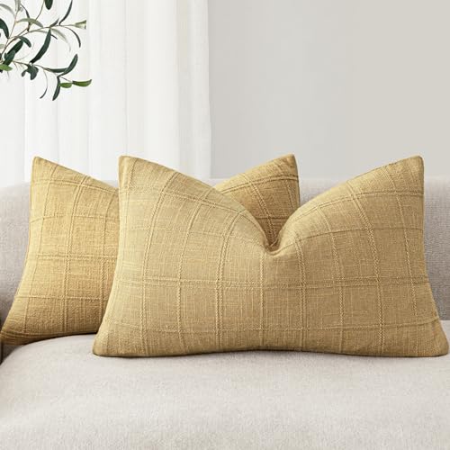 Image of Foindtower Set of 2 Decorative Linen Check Throw Pillow Covers Neutral Farmhouse Lumbar Cushion Covers Modern Boho Accent Home Decor for Sofa Chair Couch Bedroom Living Room,12x20 Inch,Amber Gold