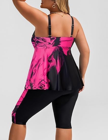 Hanna Nikole Tankini Damen Bauchweg Bademode Zweiteiliger Push Up Takinioberteil Und Hohe Taille Badeshorts Sommer Elegant Zweiteilig Badeanzug mit Badeshorts 2