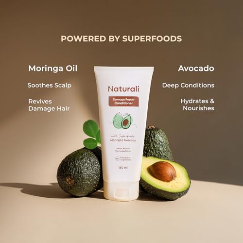 Image of Naturali Damage Repair Conditioner with Avocado & Moringa Oil | No Sulphates, No Parabens | Deeply Hydrates & Smoothens Damaged Hair | Repairs Split Ends | Conditioner 180ml Tube