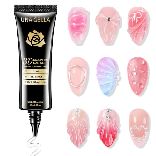 Image of UNA GELLA 3D Gel Nail Art, 3D Nail Gel Sculpting G el Glue 15g 4 in 1 No Wipe Clear Nail Polish for Nails Tips, Chrome Powder, Nail Charms Gems, Drawing and DIY Nail Art Lamp Curing Needed