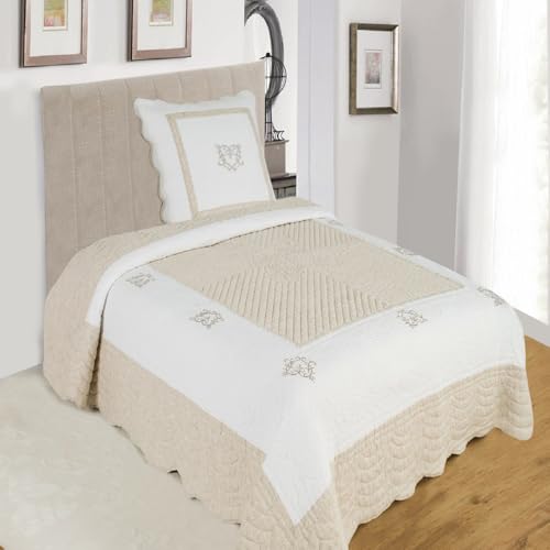 Alpes Blanc Couvre-lit Brodé Peaceland/Dessus de lit 100% Coton/Boutis Grandes Tailles/Jeté de lit Bicolore (Lin/Beige, 180_x_240_cm)