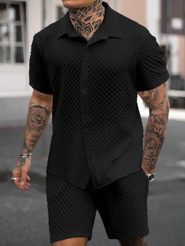 Image of Zilcon Men's 2 Piece Outfit Casual Short Sleeve Button Down Shirt Beach Summer Loose Pant Sets