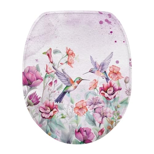 Cugasmaru Hummingdird Flower Light Purple Toilet Lid Cover Toilet Lid Covers for Bathroom Elongated Toilet Seat Lid Cover Oval Washable Toilet Lid Seat Protector Cover with Elastic Bottom